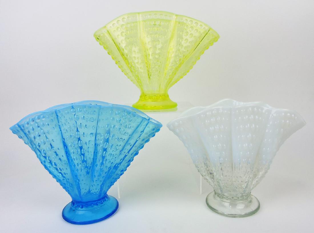 Fenton opalescent hobnail: lot of 3 fan vases, 8"