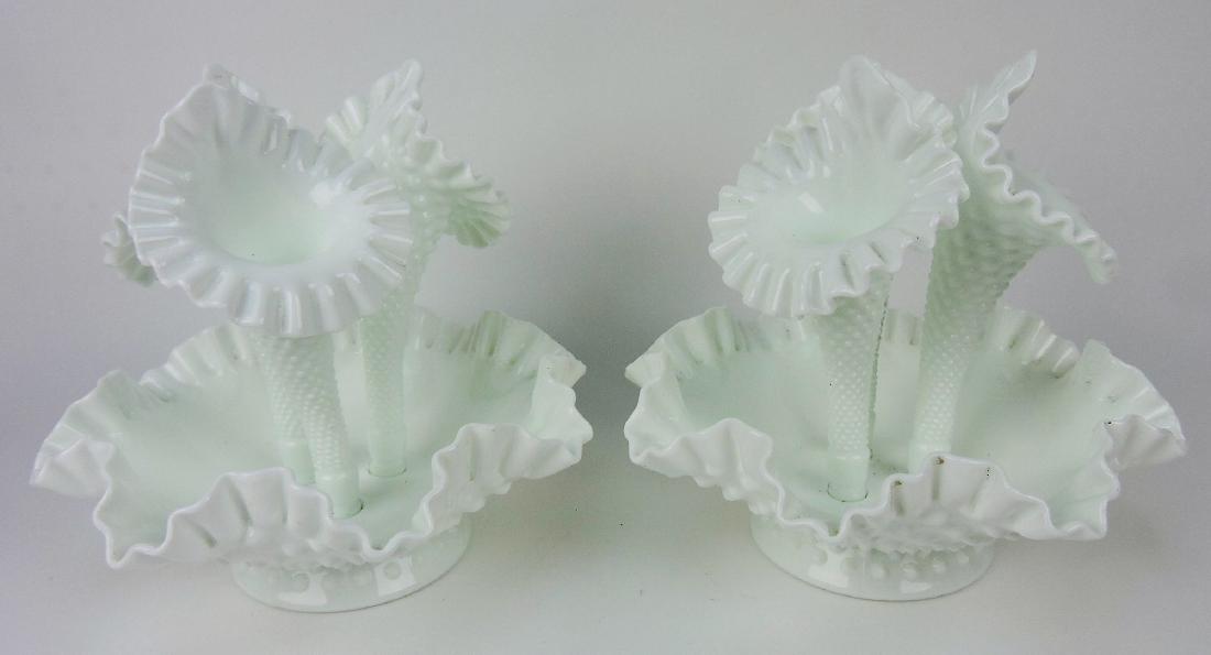 Fenton milk glass hobnail pair: of three horn epergnes, 10"