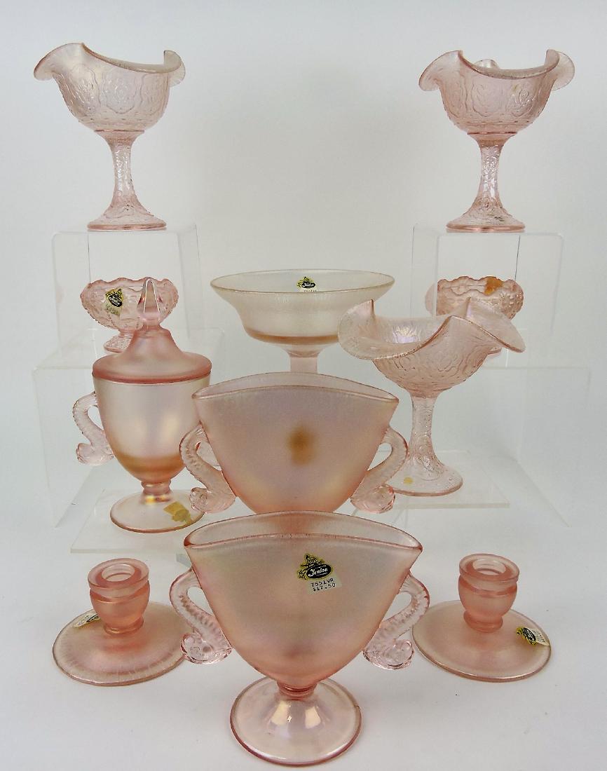 Fenton pink iridescent stretch: glass lot of 11 pieces