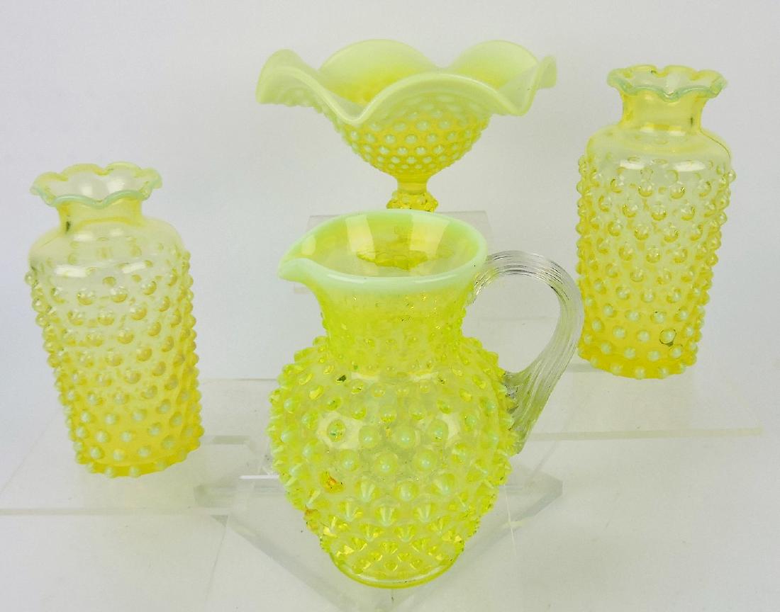 Fenton topaz opalescent hobnail: lot of 4 pieces; ewer (nick to hob), 2 vases, compote