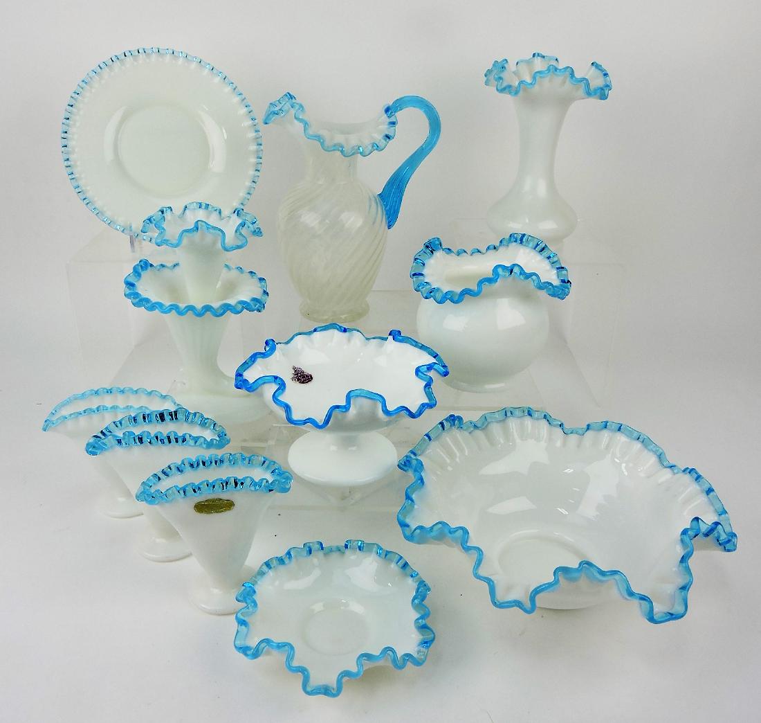 Fenton lot of 11 aqua crest pieces: .