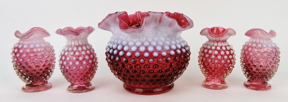 Fenton cranberry opalescent: hobnail lot of 5 pieces