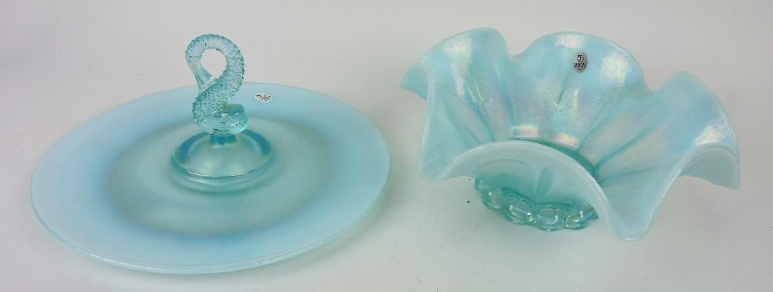 Fenton blue opalescent stretch: glass dolphin handled sandwich tray and bowl