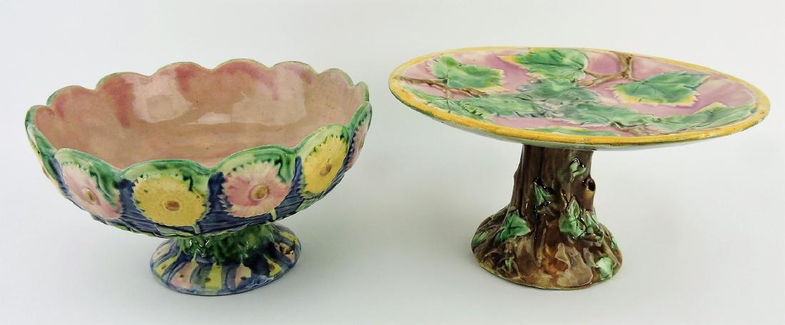 Etruscan majolica cobalt daisy: compote and pink maple leaves cake stand, various condition