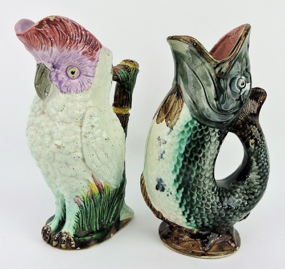 Majolica parrot and gurgling fish: pitcher