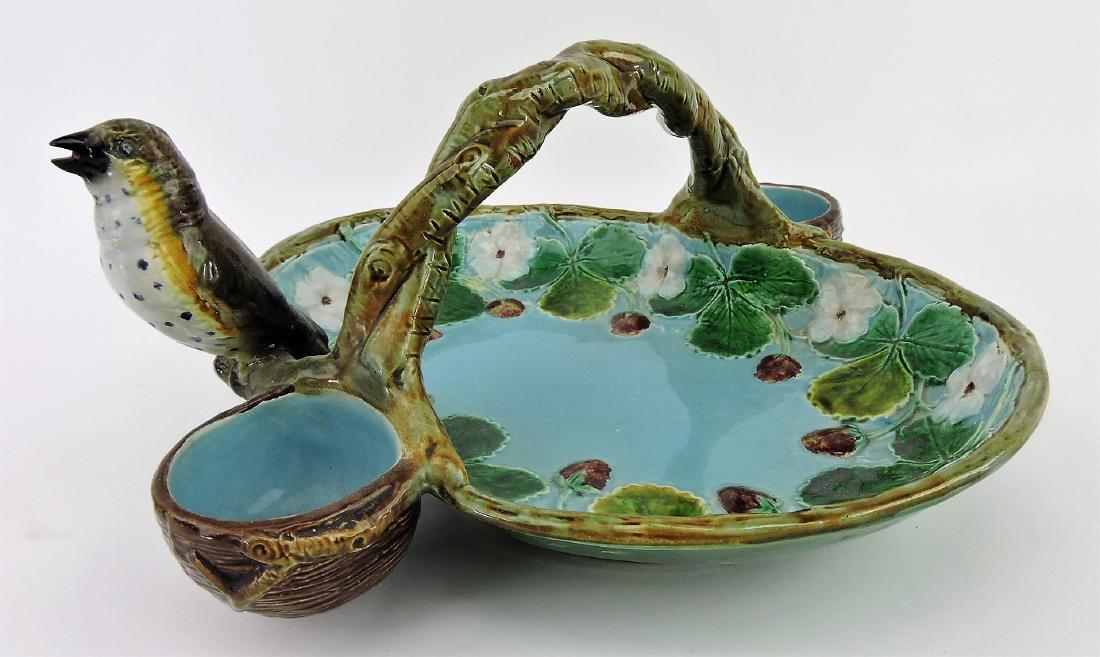 Holdcroft majolica strawberry basket: with bird perched on rim, professional repair to bird