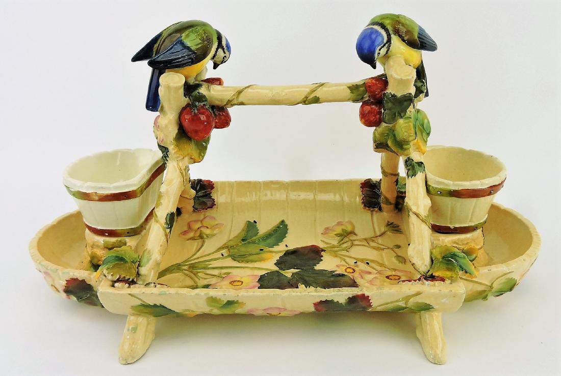 George Jones albino majolica bird: strawberry server, 15"w, 8 1/2"h