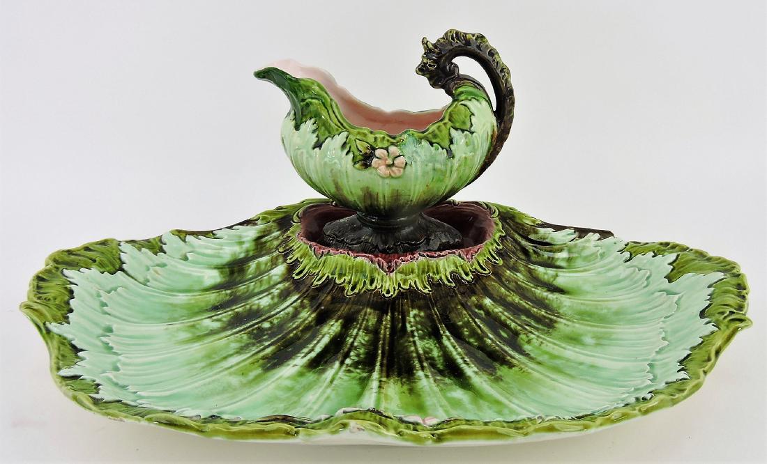 Julius Dressler majolica asparagus: tray and creamer, professional repair to creamer