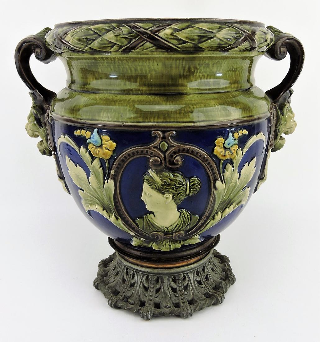 Majolica jardineire with mask handles: and lady portrait, 11"h