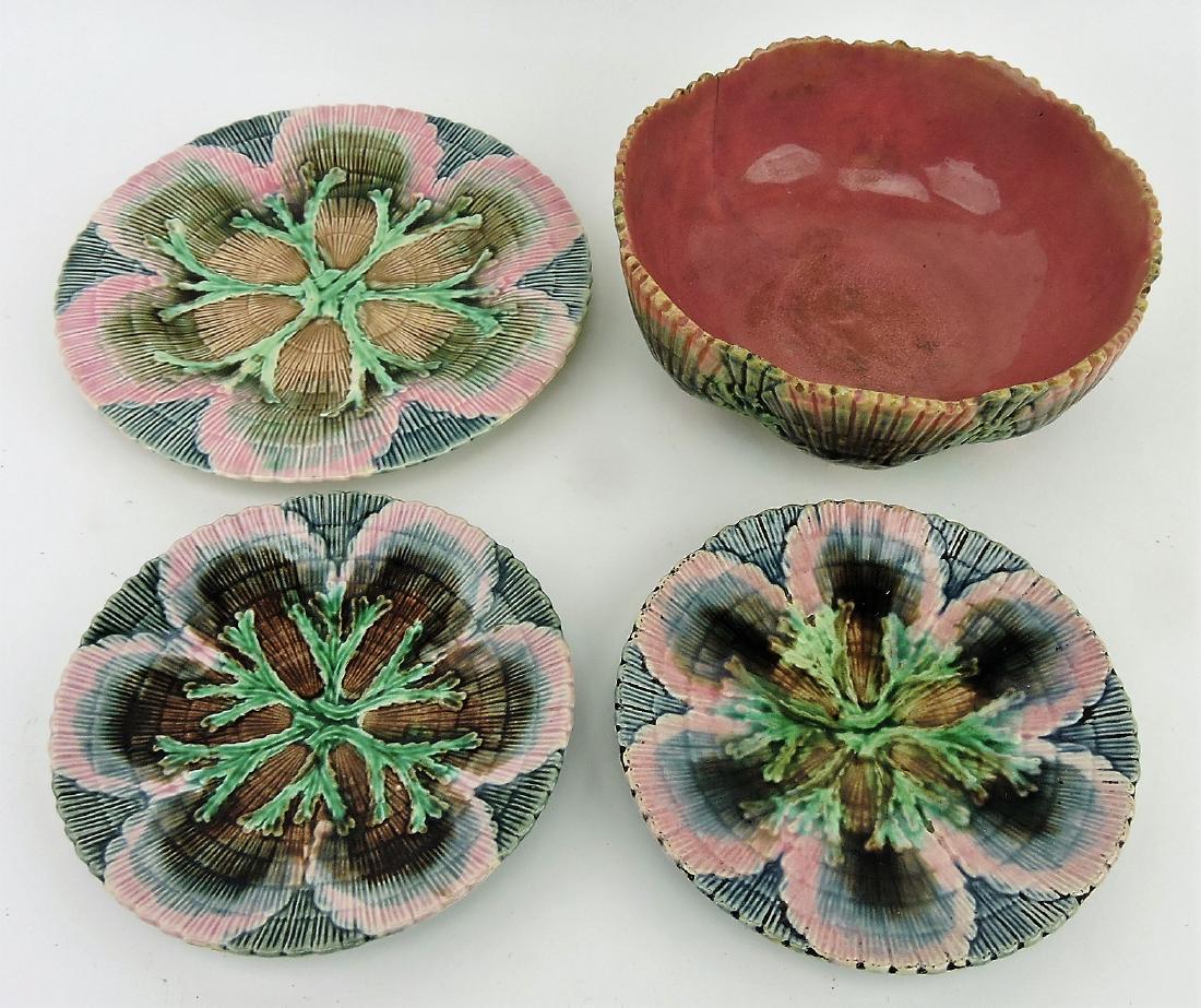 Etruscan majolica shell and seaweed: lot of 4 pieces; 7 1/2" bowl, 8" plate, 2 saucers, various condition