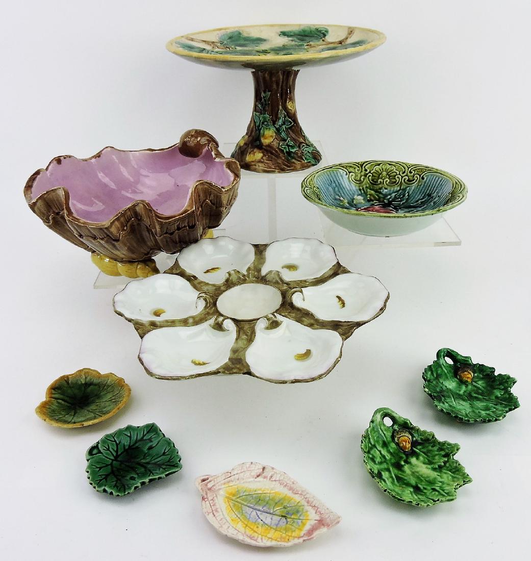 Majolica lot of 8 assorted pieces and: porcelain oyster plate, various condition