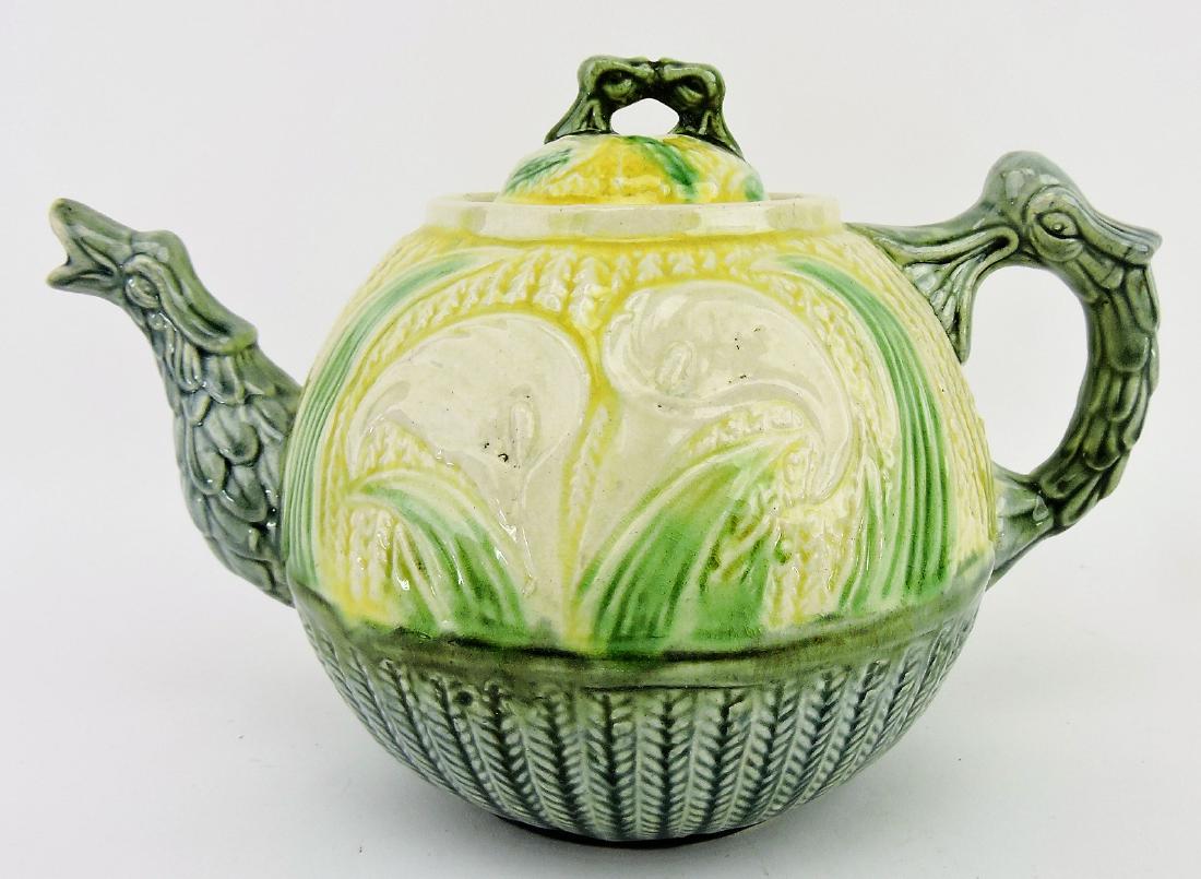 Tenuous majolica calla lily teapot,: rare, marked on bottom "Fireproof Majolica", 7"h, 10"w, minor rim chip