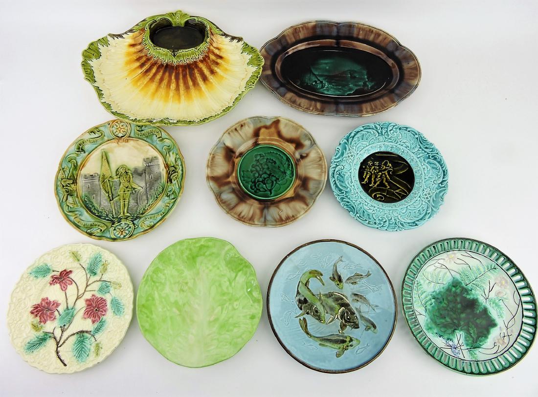 Majolica lot of 9 plates and platters,: various condition