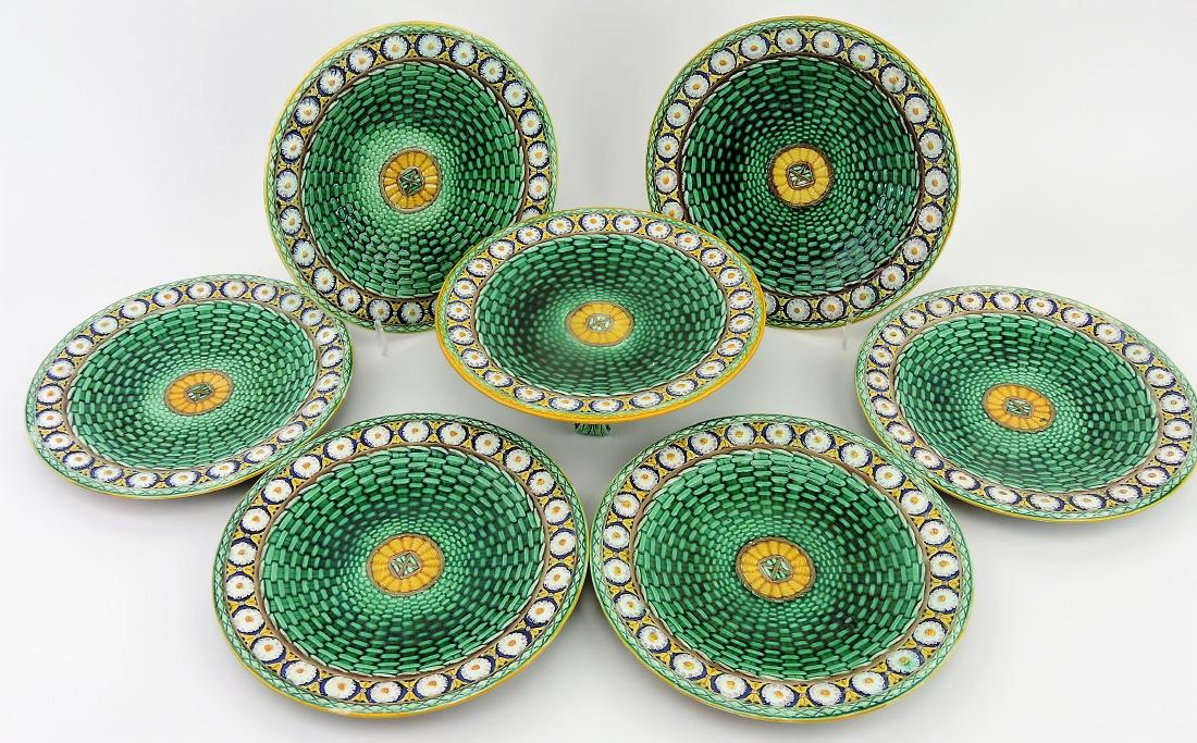 Wedgwood majolica Stanley 7 piece: cake set with 3"h cake stand and 6 - 8 3/4" plates
