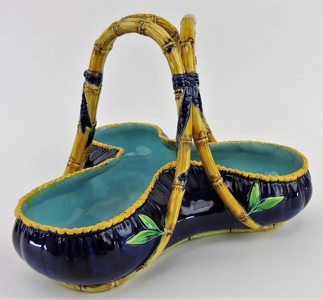 George Jones cobalt majolica: tri-foil basket with bamboo handle, 7 1/2"h