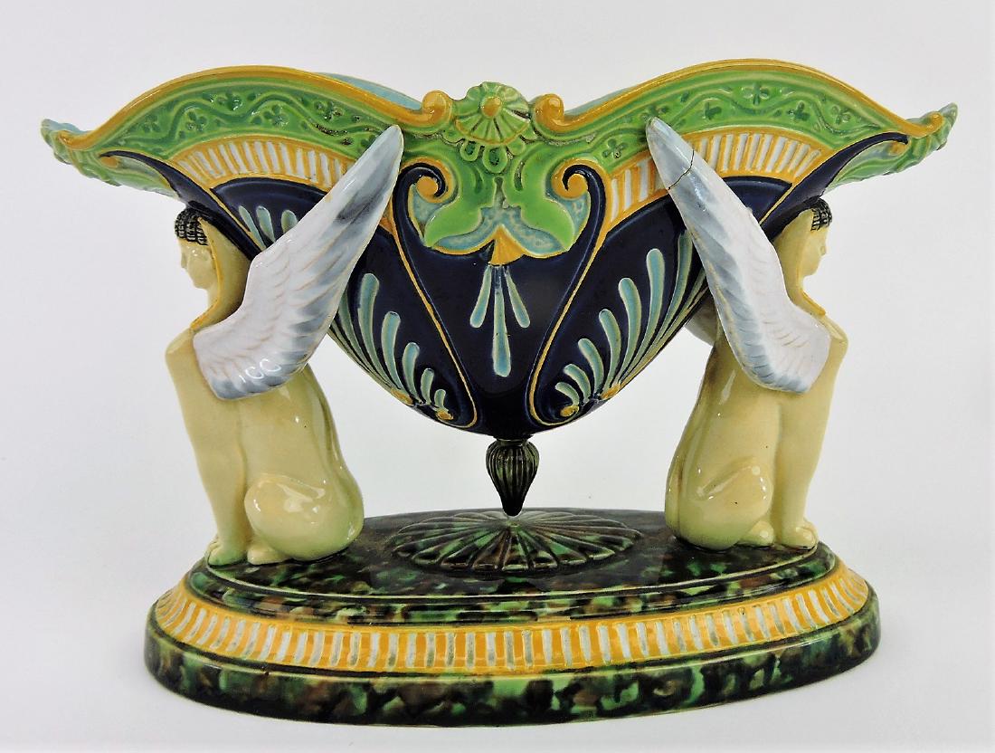 George Jones majolica sphinx table: center, 9"w, 6"h