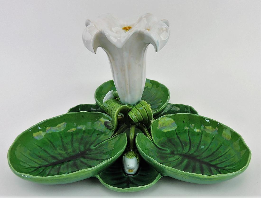 Minton majolica pond lily table center: with trumpet lily floral center vase, 8"h, 12 1/2"w, shape no. 1268