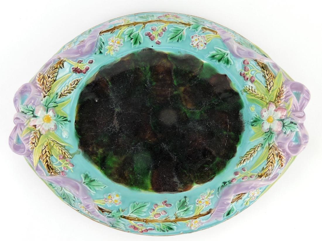 George Jones majolica ribbon bowl,: berry and vine planter, 13"