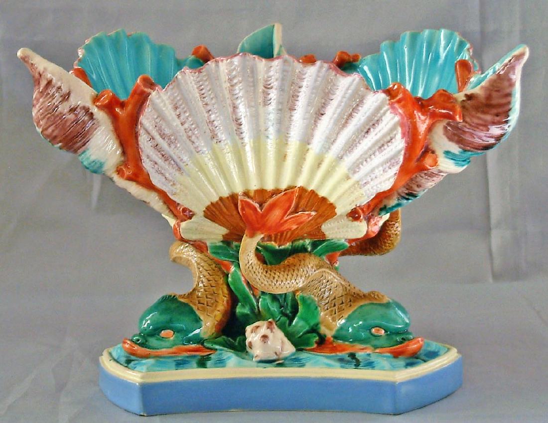 Royal Worcester majolica shell and: dolphin center bowl c 1875, 9/12"w, 6 1/2"h