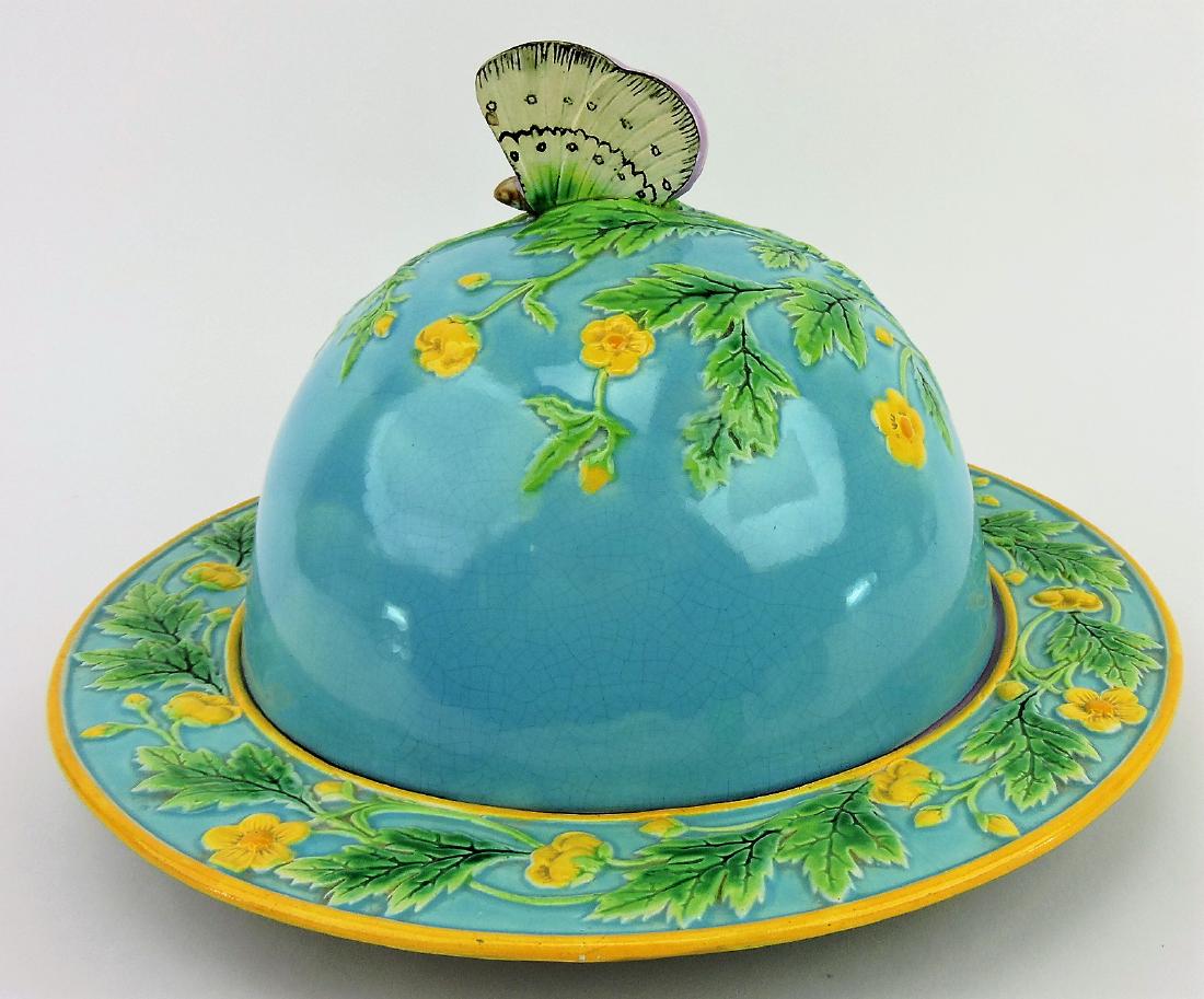 George Jones majolica butterfly: muffin dish with butterfly handle, 11 3/4"d, 8"h