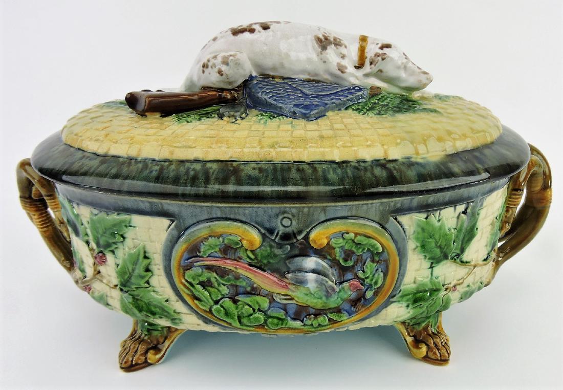 Minton majolica gundog game dish,: 14 1/2"w, 8 1/2"h, professional hairline repair to lid and base handle