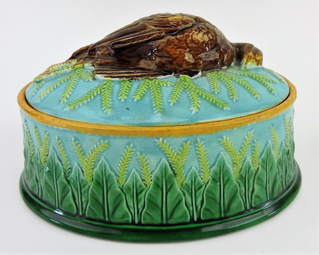 George Jones majolica game dish: with quail on cover, base decorated with wheat and acanthus leaves, 10"w, 6"h, professional repair to lid rim