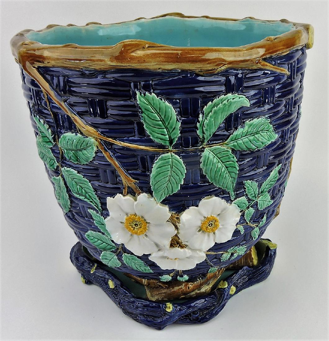 Holdcroft majolica cobalt basket and: floral jardiniere and stand, 12"