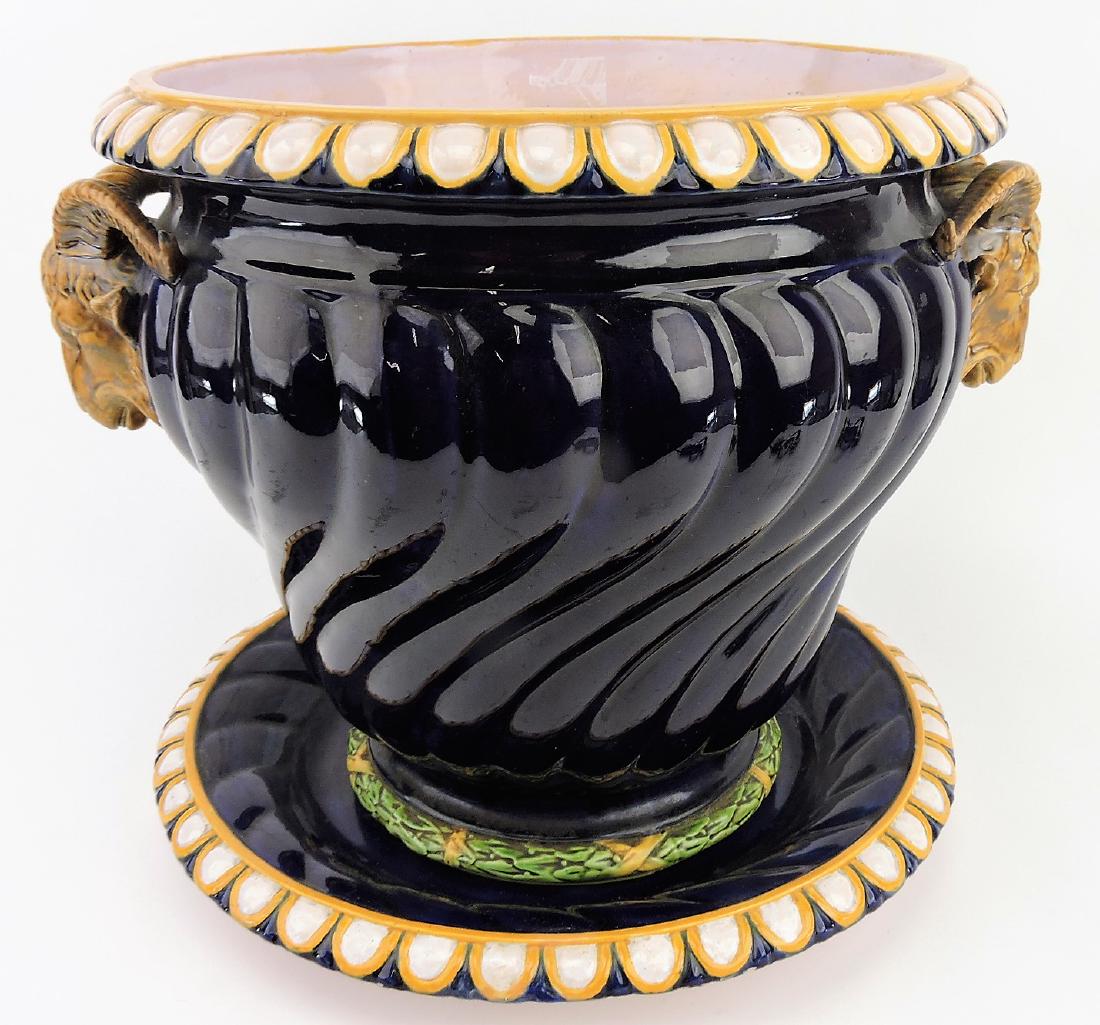 Minton majolica "Marochetti": jardiniere and stand, cobalt blue with ram's head handles, 13 1/2"h, 16"w