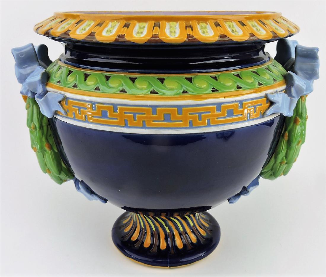Minton majolica cobalt Laurel: Leaf jardiniere with lavender ribbon tied laurel wreath ring handles, 12 1/2"h, 15"w