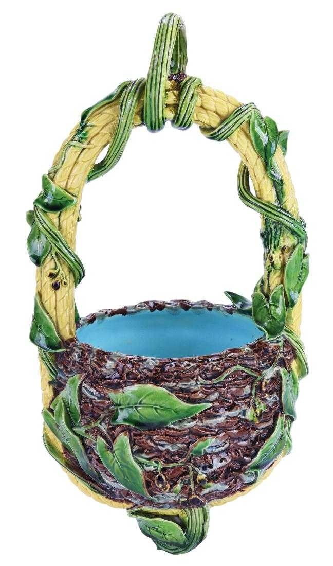 Minton extremely rare majolica: hanging bird's nest planter, 16"h, 7"w