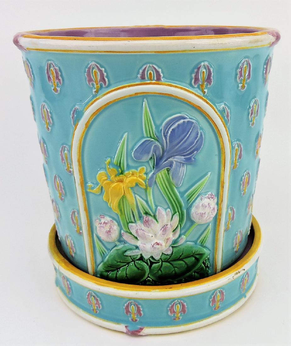 George Jones water lily and iris: turquoise cachepot and stand, 9", old rim repair to base