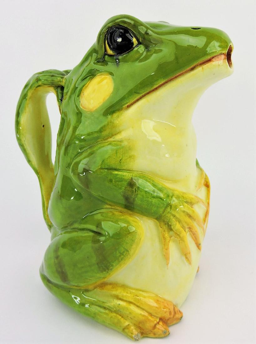 Delphin Massier rare majolica: figural frog pitcher with frog handle, 9", minor glaze nick