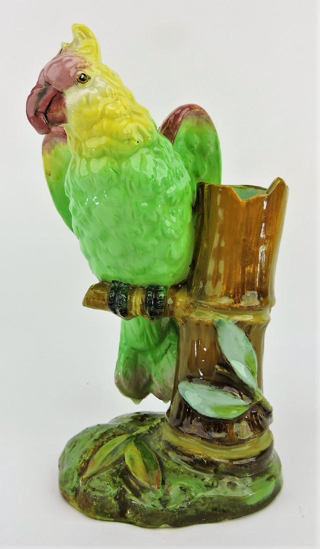 Jerome Massier majolica figural: parrot and bamboo vase, 12 1/2"