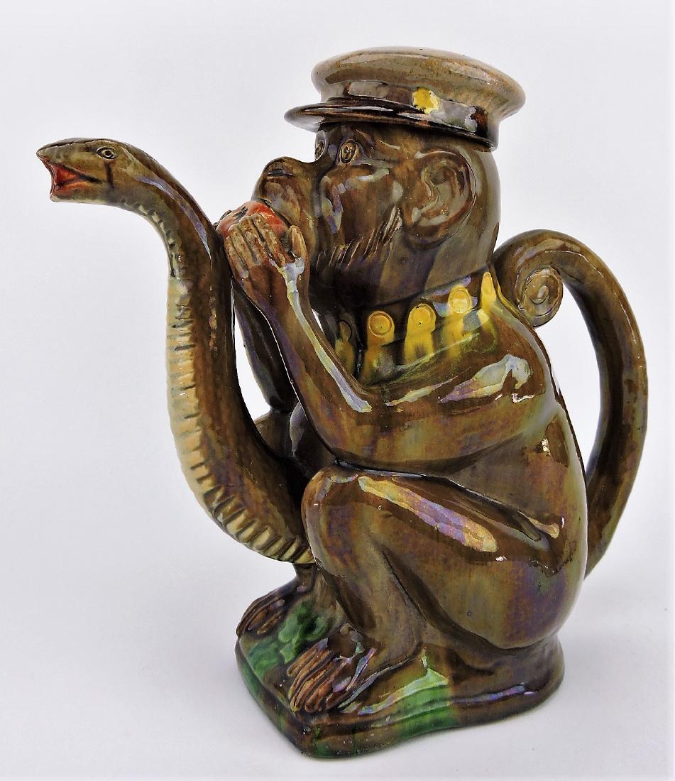 Portuguese majolica monkey and: snake novelty teapot, 11"