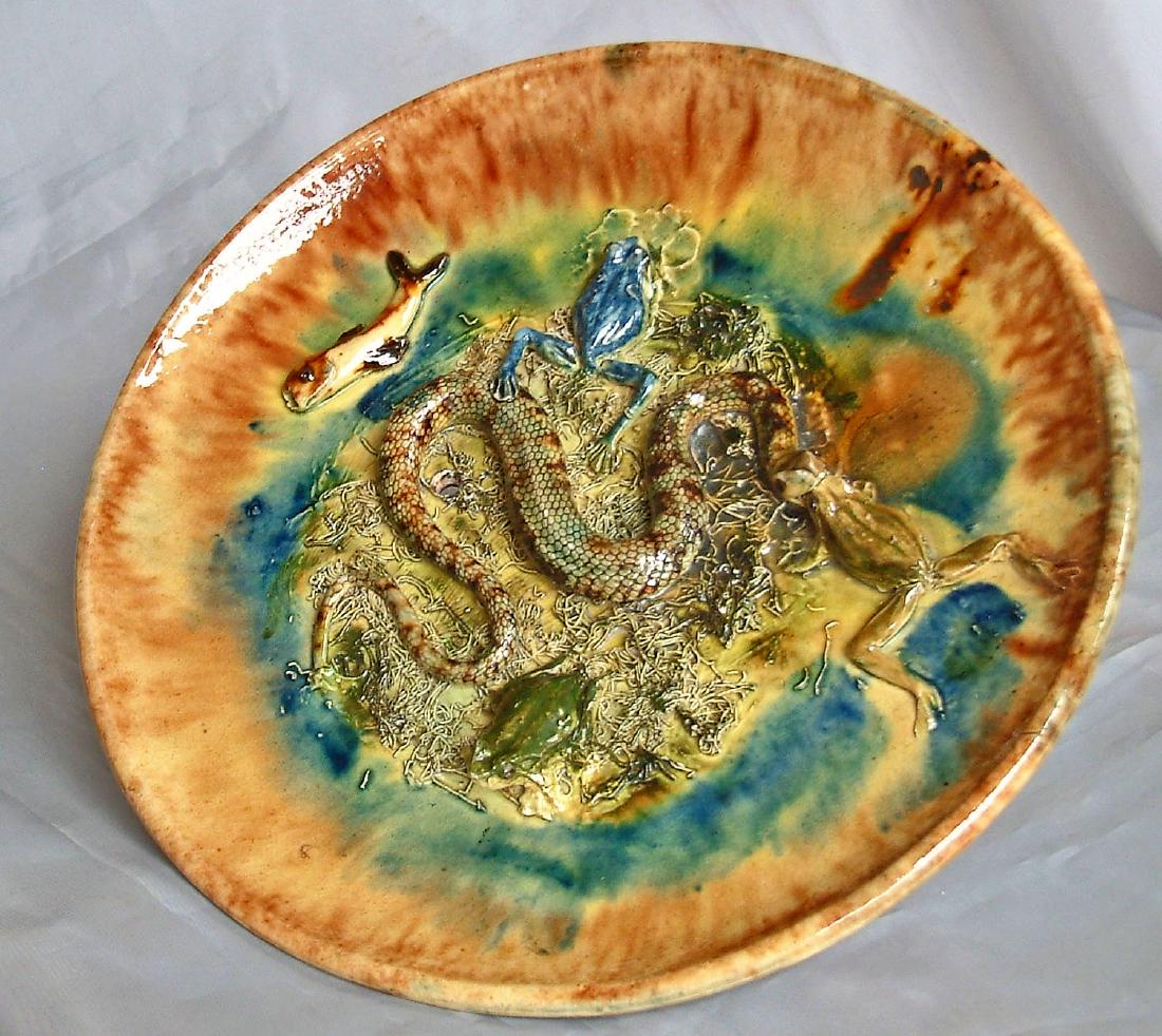 Rare Menton France palissy majolica: plate, signed Felix Tardieu Menton, with snakes, frogs, and fish, great color and detail, hole pierced for hanging,11"