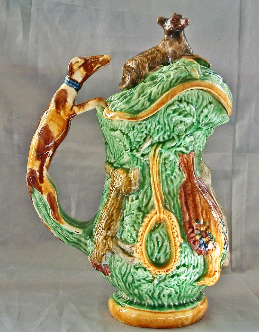 Monumental French Palissy majolica: game ewer with hunting dog lid,14"h