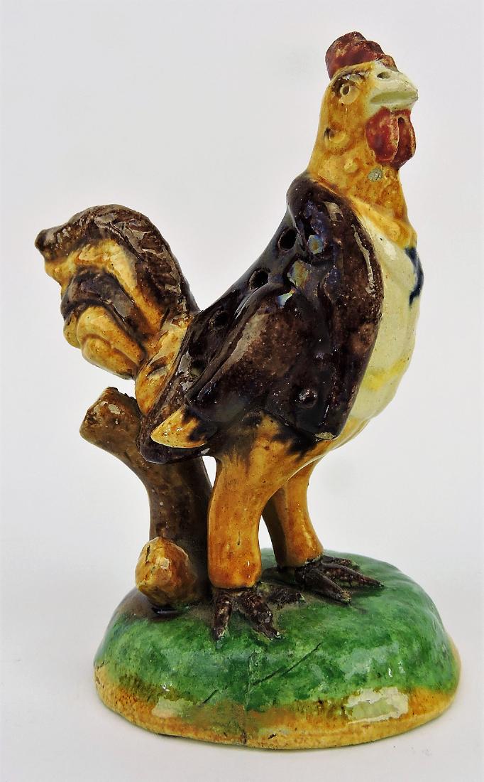 Portuguese majolica rooster toothpick: holder, c.1890, 5 1/2"