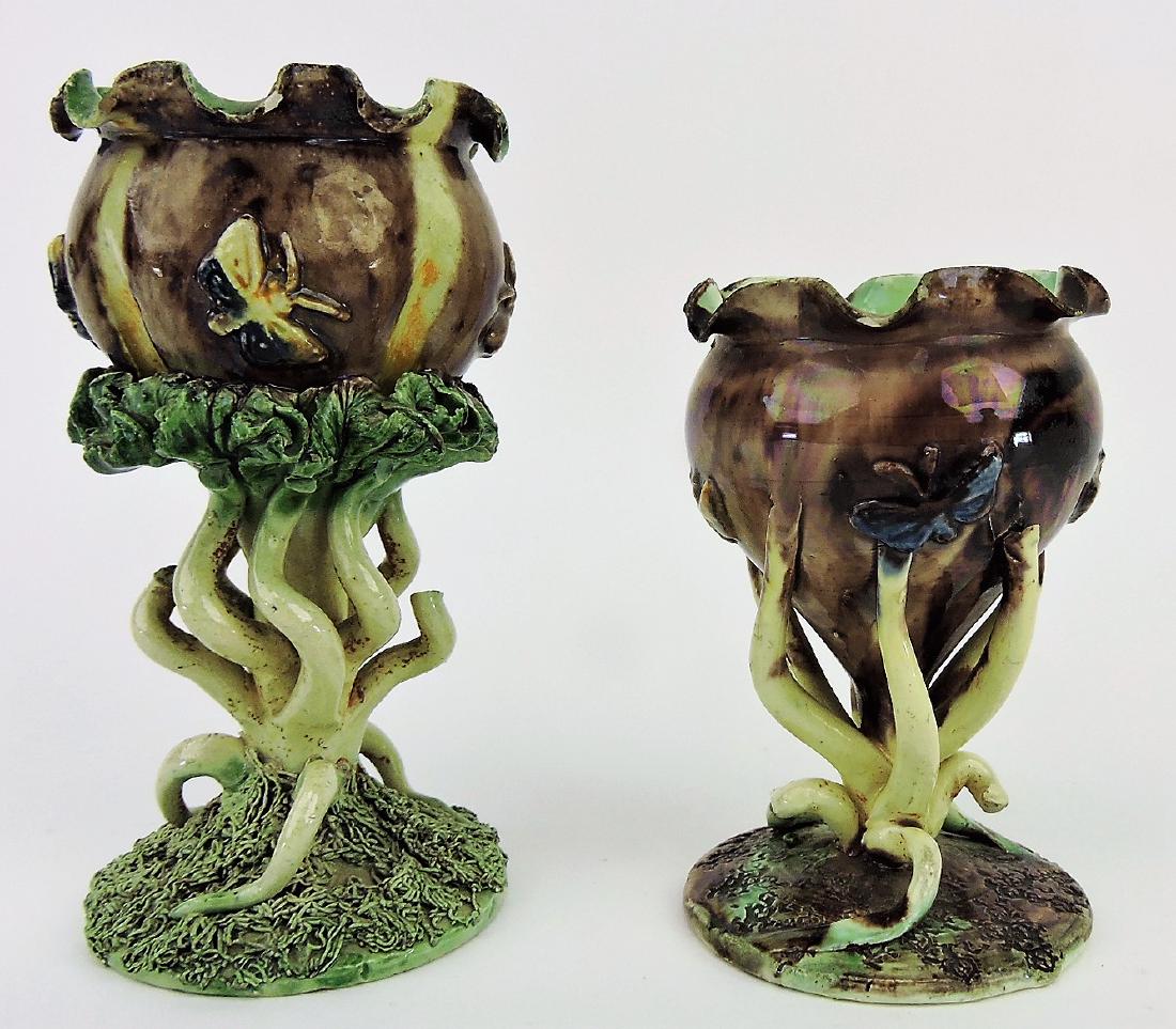 Two Portuguese majolica Manual: Mafra posy vases, c.1890, the amphora shaped vases supported by coral, 5 1/4" & 4 1/4"