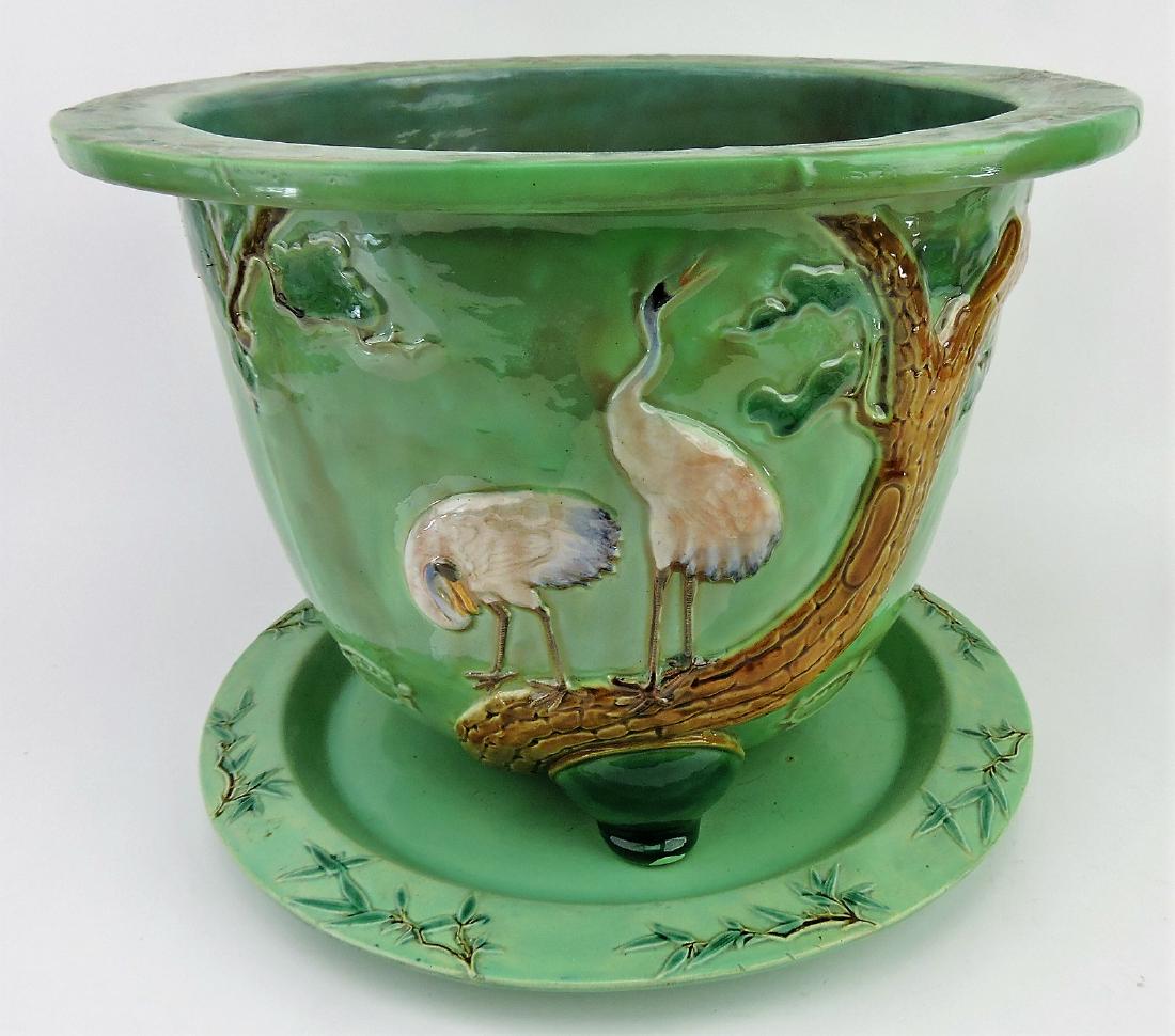 Minton majolica celedon green: jardiniere and stand with storks, unusual color, 12"h, 16"w, professional restoration to jardiniere