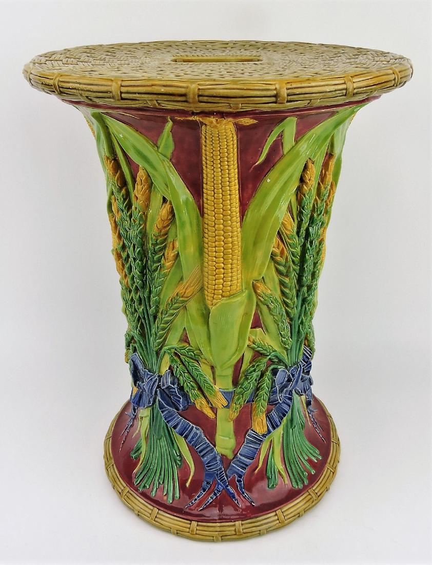 Rare red ground Adams & Bromley: corn & ribbon garden seat c.1875, similar examples shown at the London Exhibition1871, 18", professional base rim repair