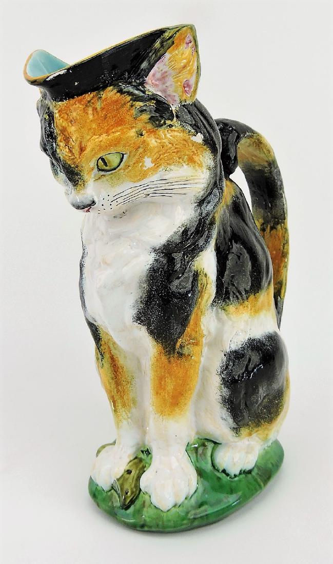 Minton majolica figural calico cat: with mouse pitcher, 10", professional handle repair