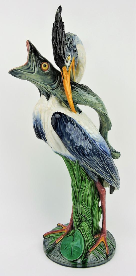 Minton majolica Hughes Protat: heron and pike fish ewer, 22"