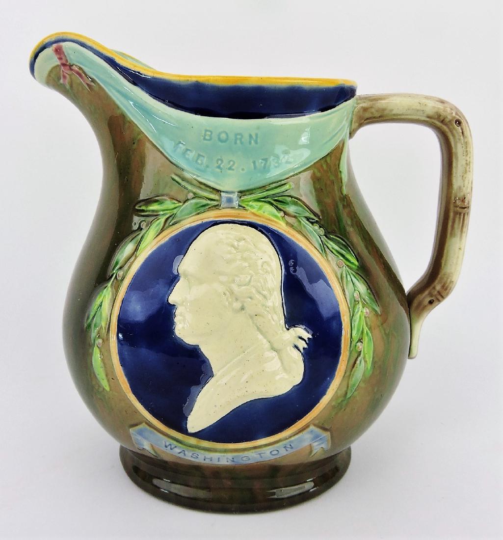 Copeland majolica rare Centennial: jug with George Washington on one side and flags on the other, 7 1/2", professional base rim repair