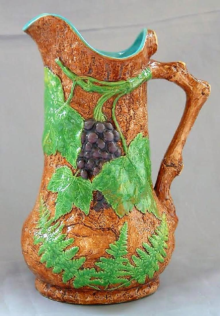 Large Brownfield majolica grapes: and ferns pitcher, 10", great color