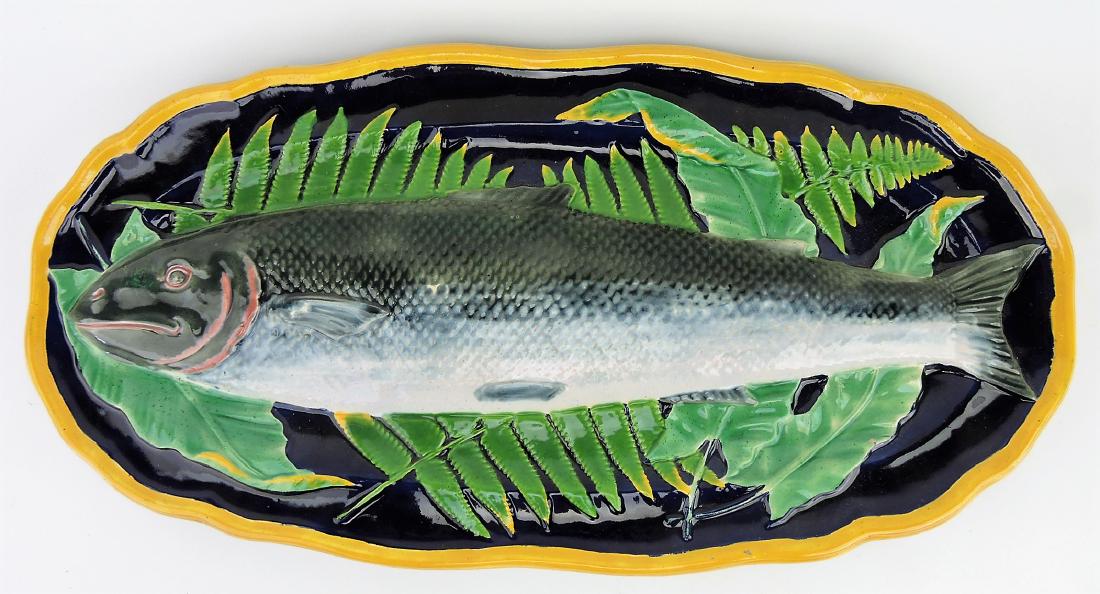 Cobalt majolica salmon platter,: 23 1/2", large salmon on bed of ferns and leaves