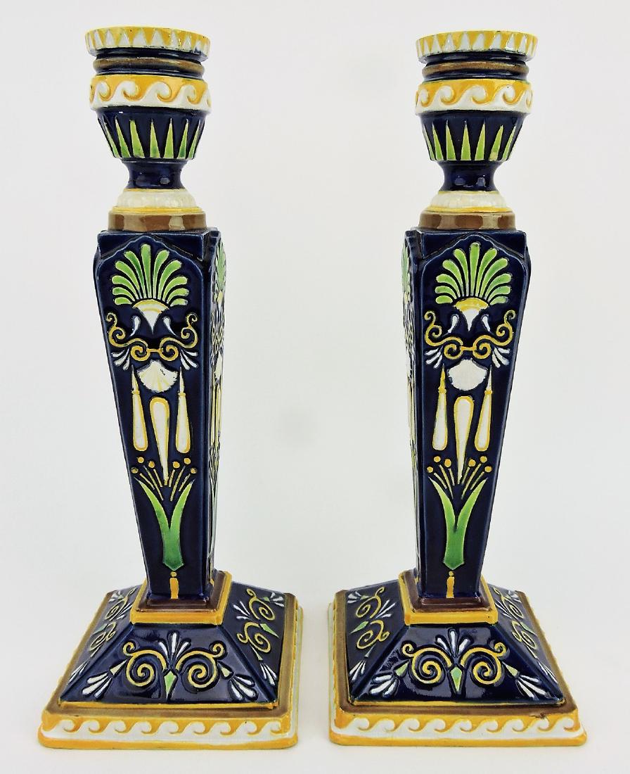 George Jones majolica cobalt pair: of rare candlesticks, 10 1/4"