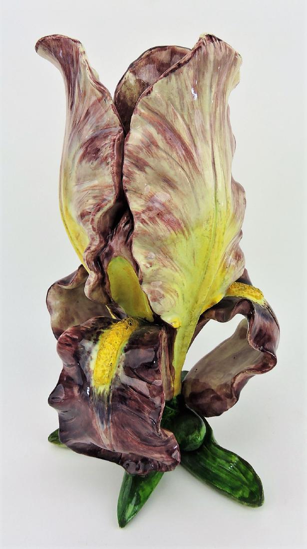 Massier majolica figural iris: flower vase, 13"
