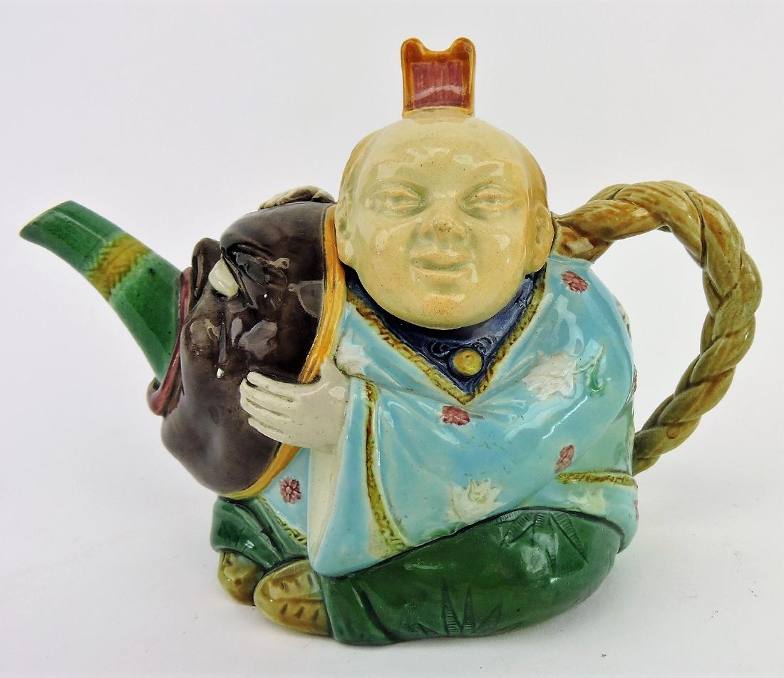 Minton majolica figural Chinaman: with mask spout teapot, 6"h, 7 1/2"w, professional repair to lid and spout