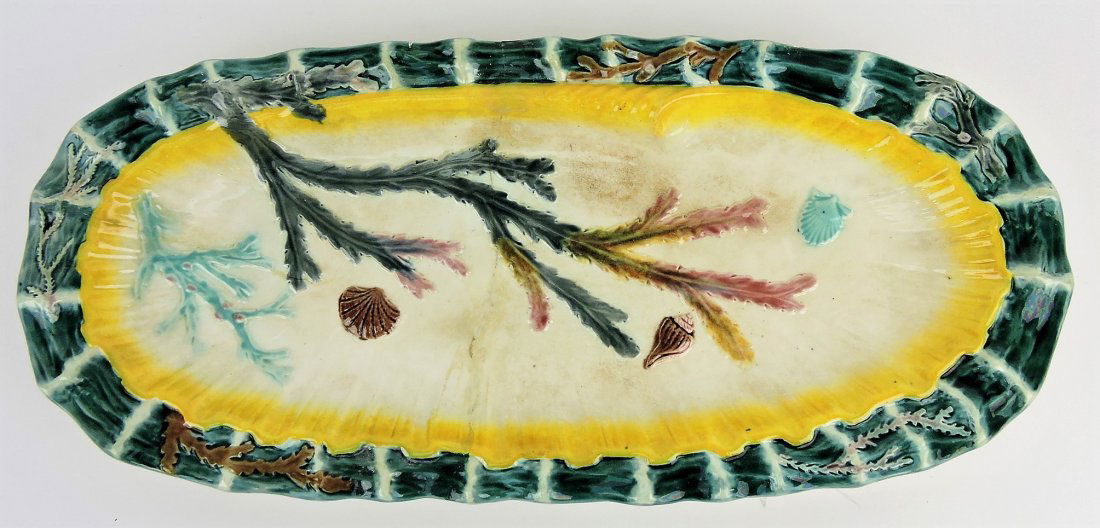 Wedgwood majolica shell, seaweed,: and waves 19 1/2" platter, old repair