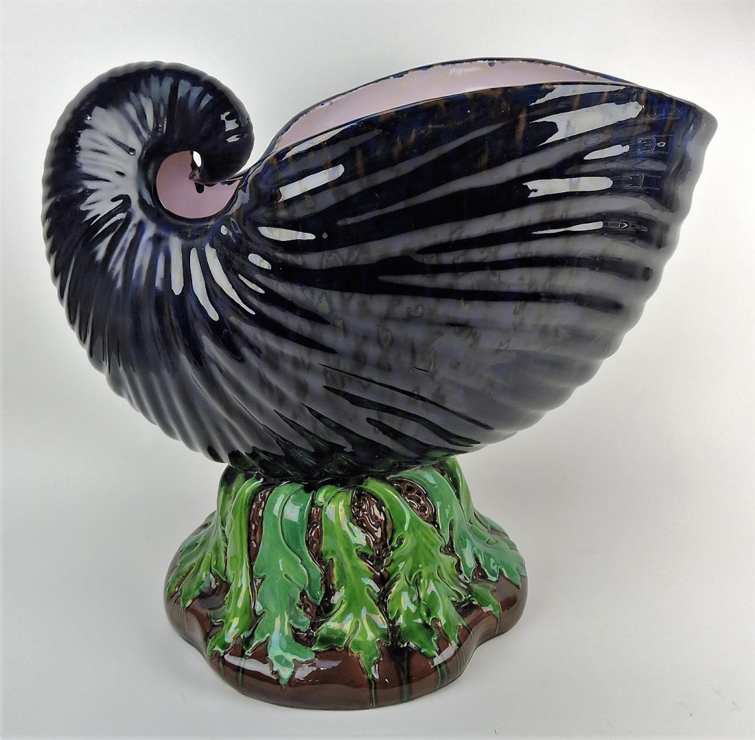 Minton majolica large conch shell on: seaweed floor jardiniere, 19"h, 20"w, professional repair to hairlines